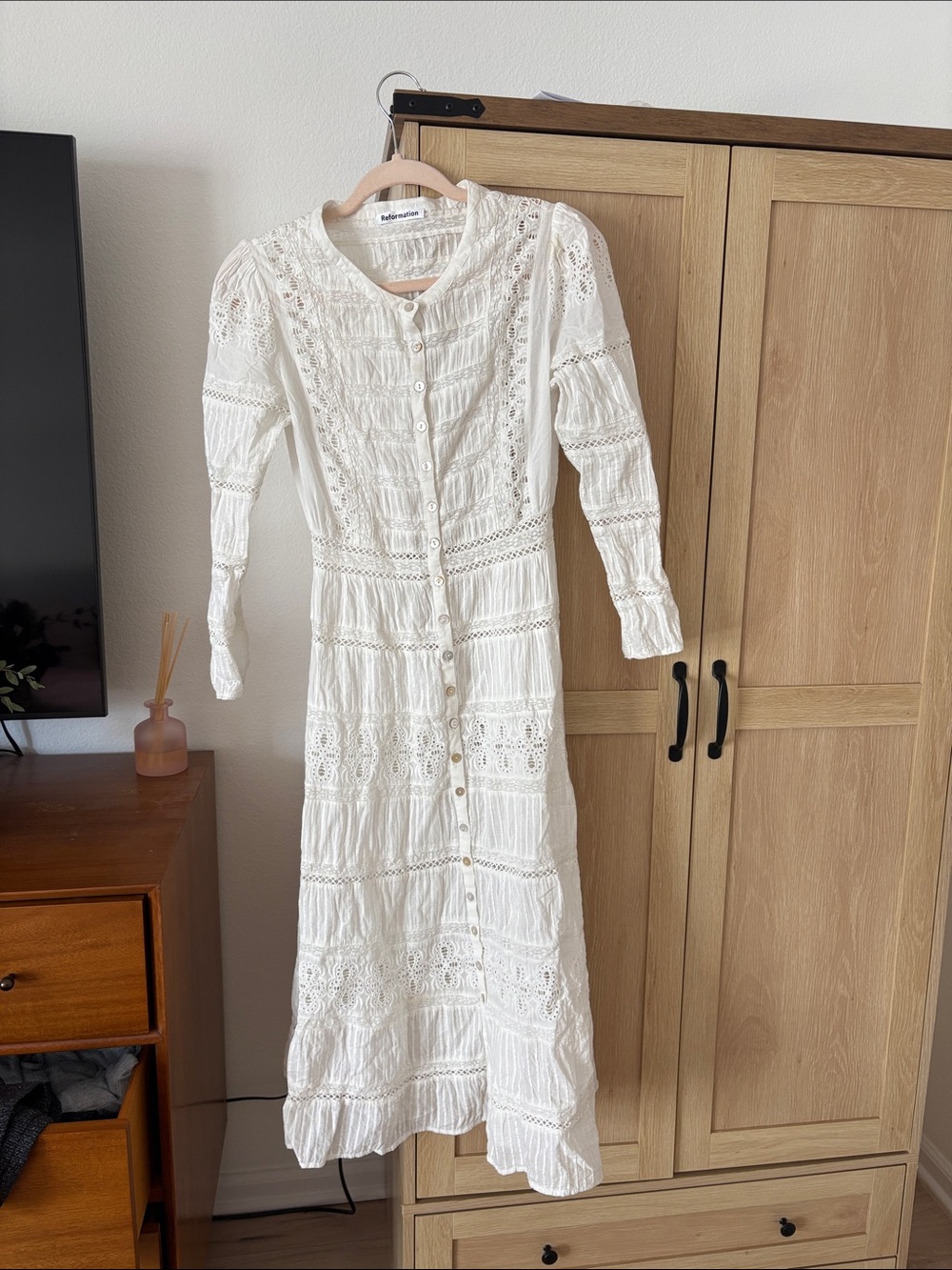 Reformation White Lace Button-Front Maxi Dress